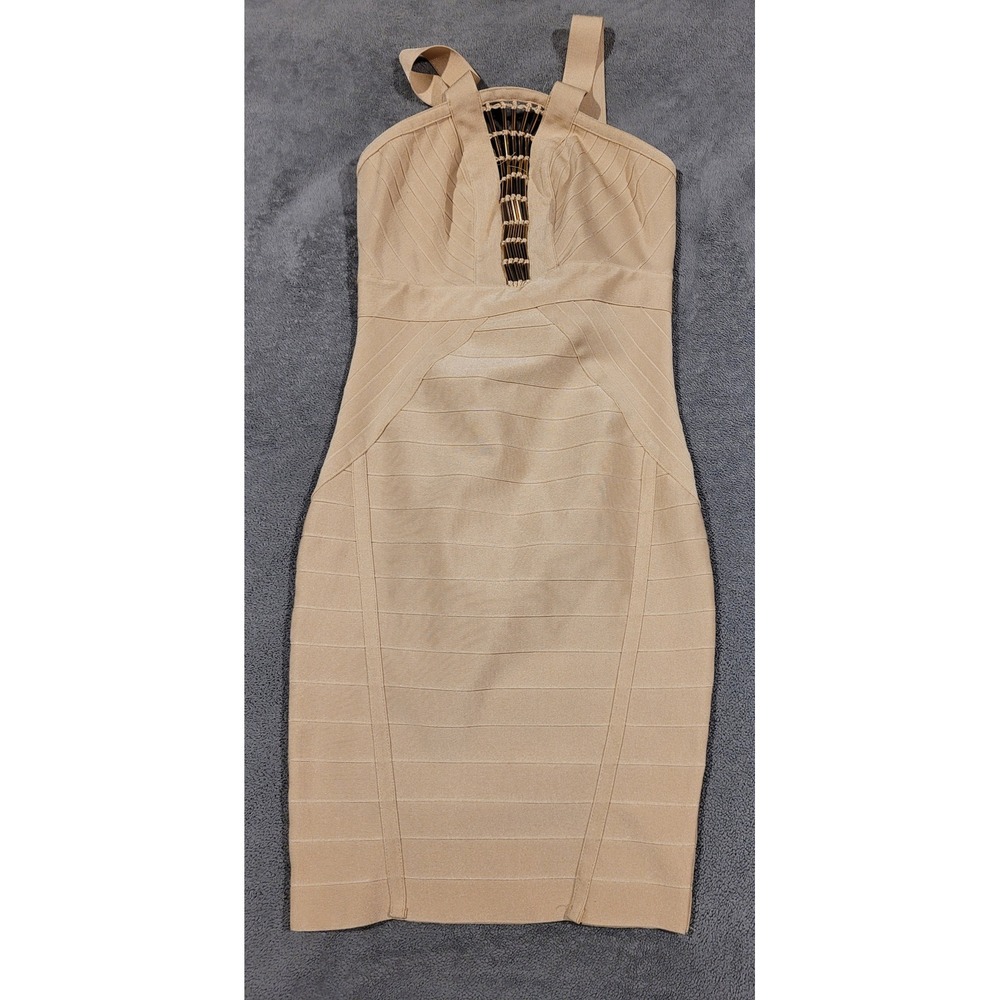Wow Couture Tan Bandage Bodycon Dress Gold Beaded Cage Neckline Small